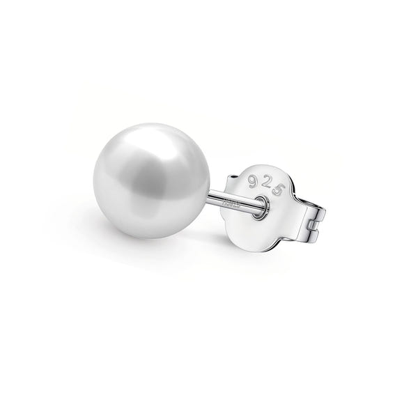 A classic 8mm white pearl stud earring for men, set in polished 925 sterling silver with a butterfly back, shown on a white background.