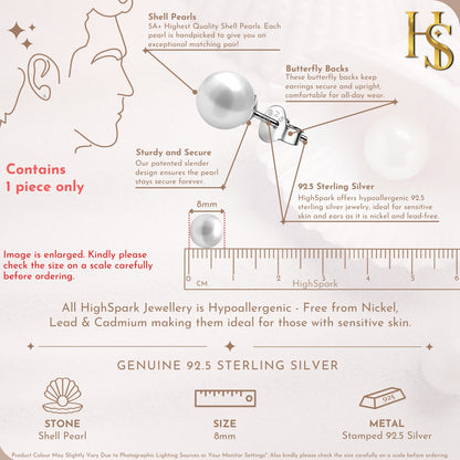 Classic Shell 8MM White Pearl Earring in 925 Sterling Silver For Mens