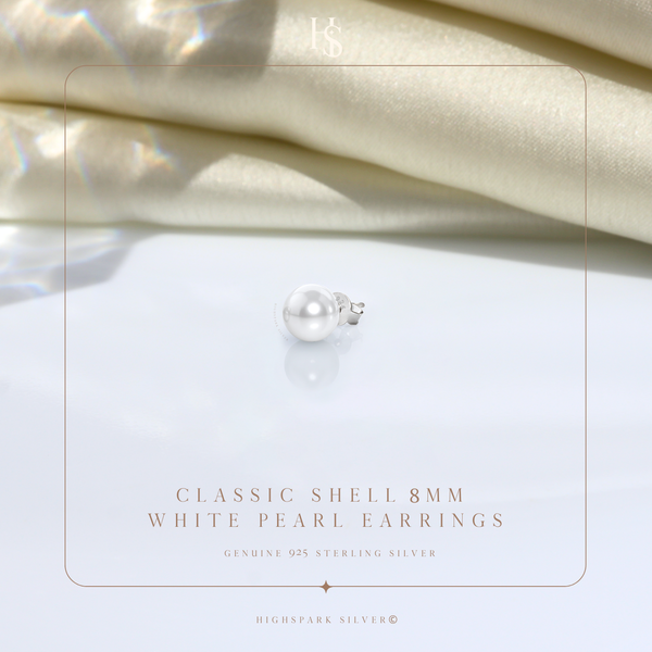 Classic Shell 8MM White Pearl Earring in 925 Sterling Silver For Mens