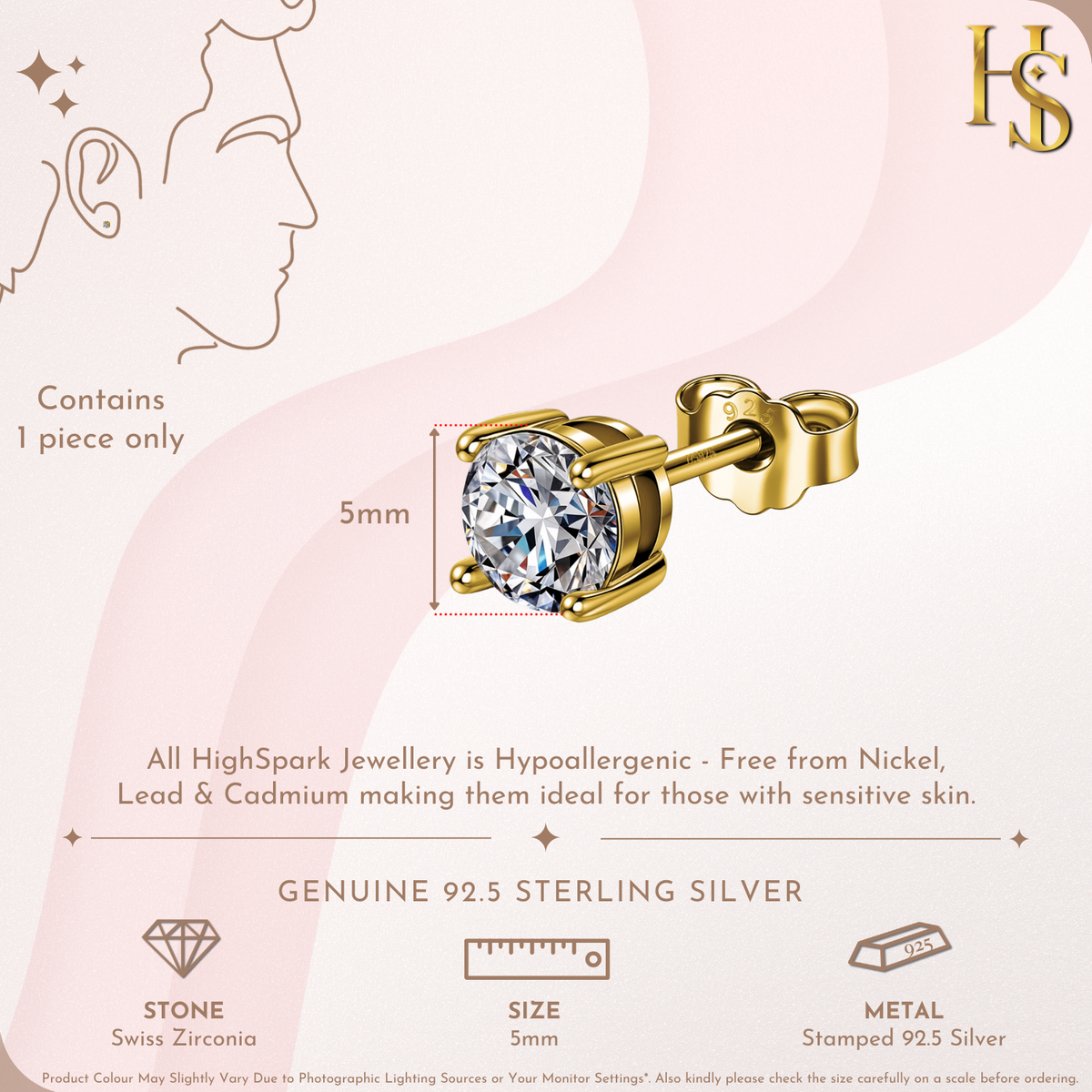 Solitaire Stud Earring for Men | Gold-Plated American Diamond