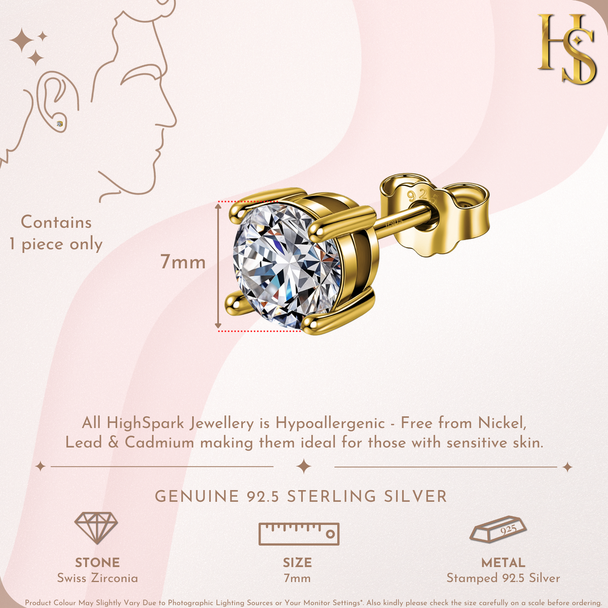 Solitaire Stud Earring for Men | Gold-Plated American Diamond