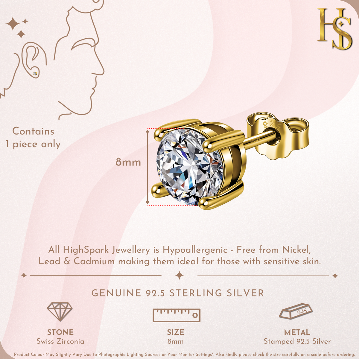Solitaire Stud Earring for Men | Gold-Plated American Diamond