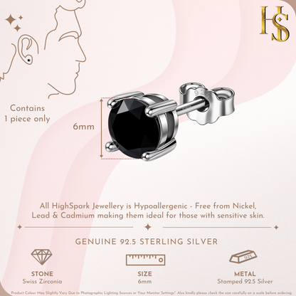 Black Round Solitaire Stud Earrings for Men | 925 Silver