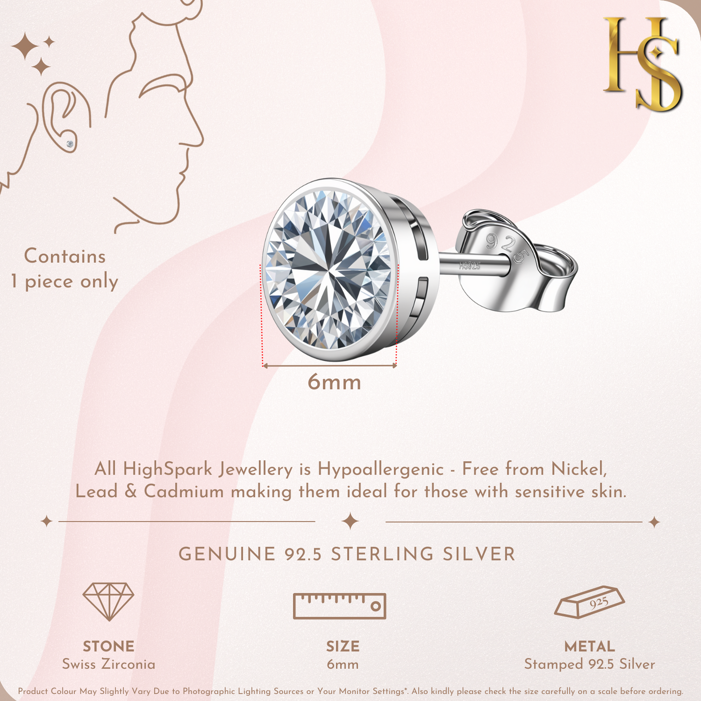 Solitaire Casing Stud Earrings in 925 Sterling Silver For Mens