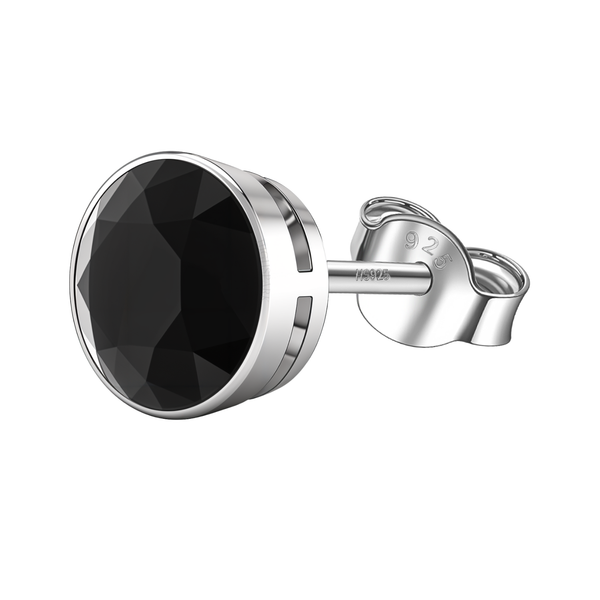 A single stud earring with a round, faceted black stone in a bezel setting, made of sterling silver with a push-back closure.