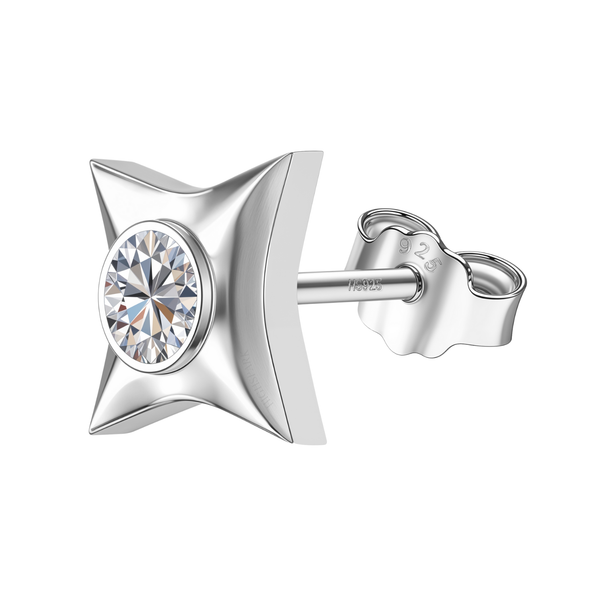 A single stud earring for men with a four-pointed star shape and a bezel-set American diamond.