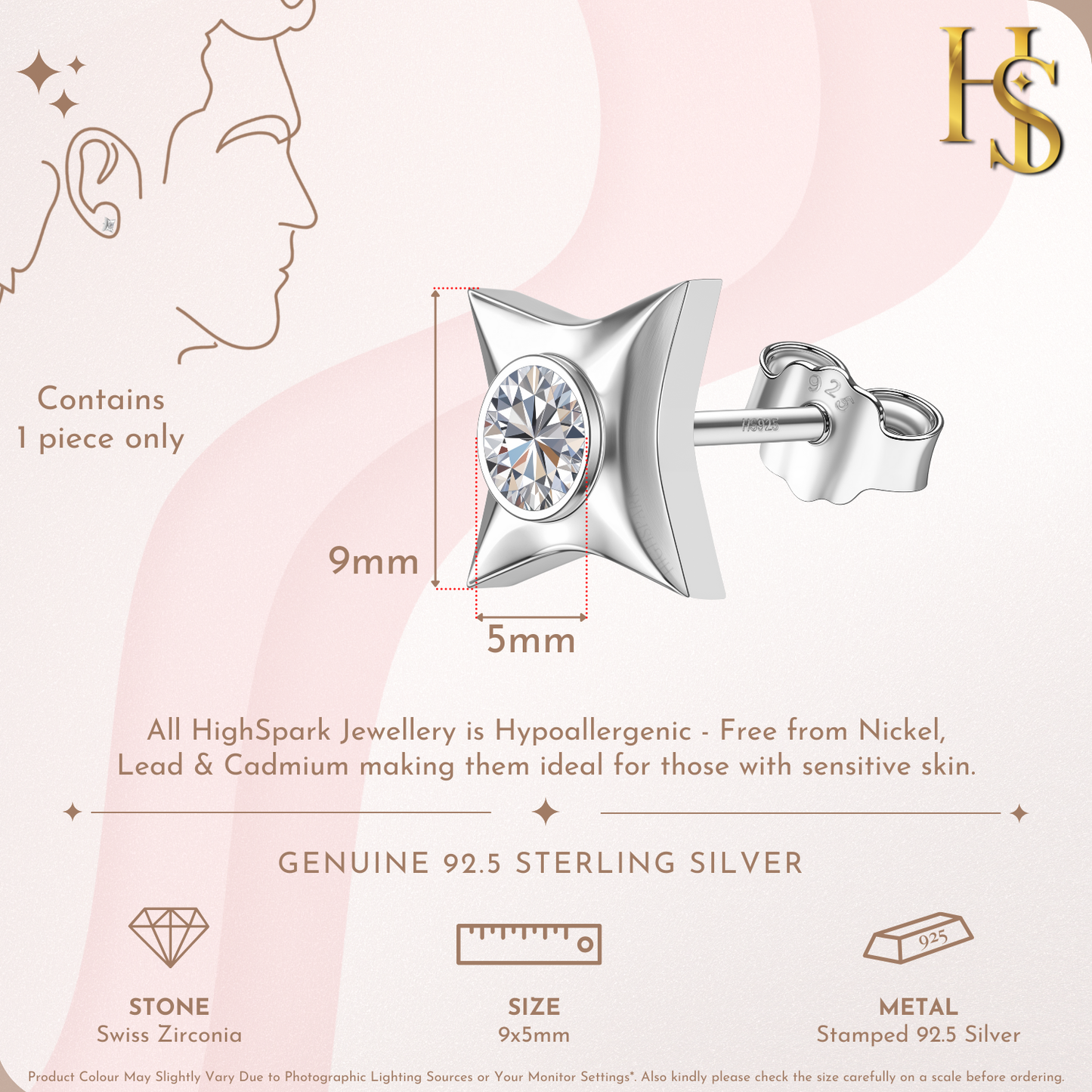 Solo Solitaire Spark Stud Earrings in 925 Sterling Silver For Mens