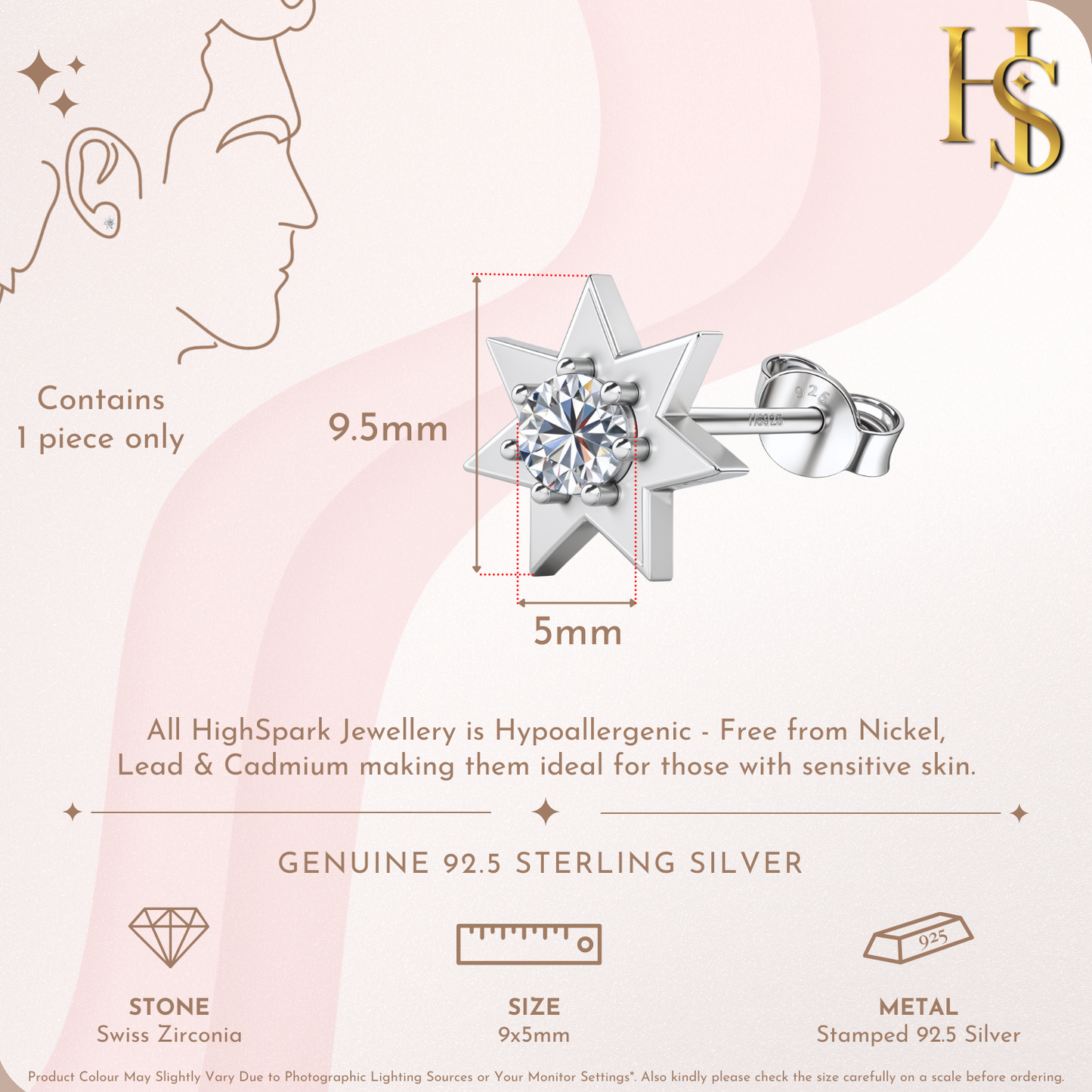 Fairy Star Solitaire Stud Earrings in 925 Sterling Silver For Mens