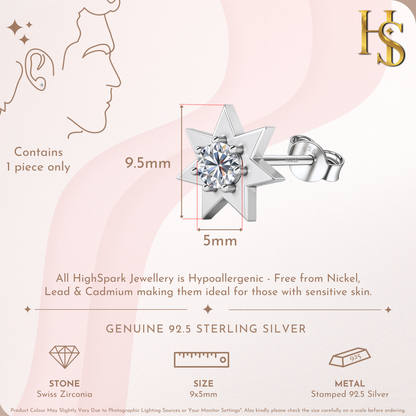 Fairy Star Solitaire Stud Earrings in 925 Sterling Silver For Mens