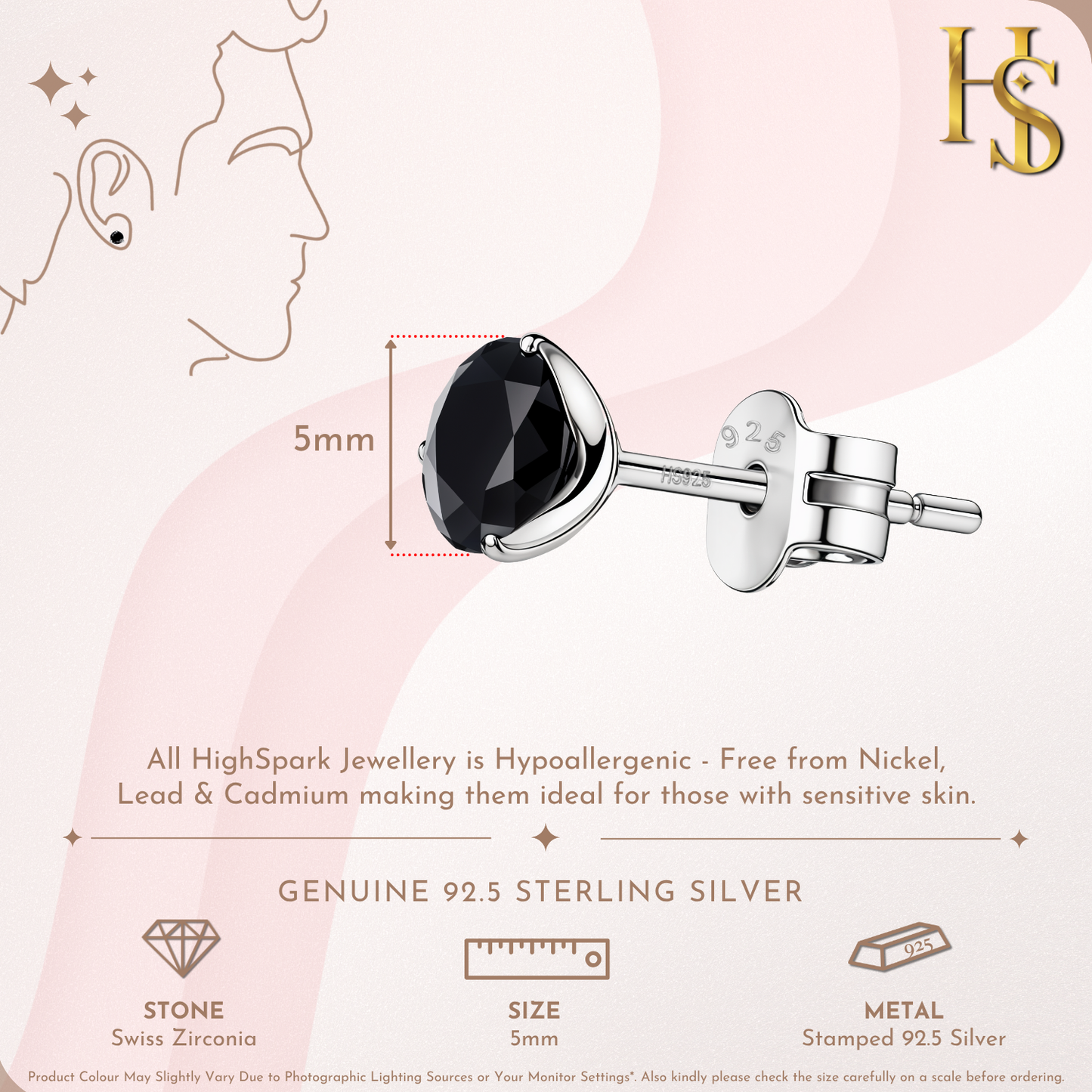 Martini Solitaire 5MM Black Stud Earrings in 925 Sterling Silver For Mens