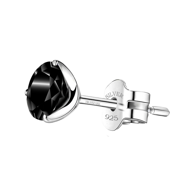 A single stud earring with a round, faceted black stone in a four-prong sterling silver setting, shown on a white background.
