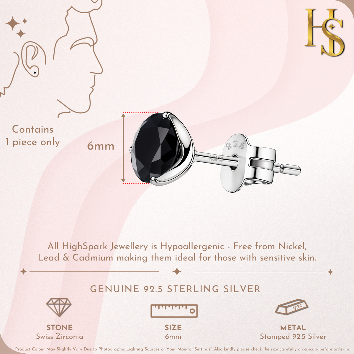 Black Solitaire Stud Earrings for Men in 925 Sterling Silver