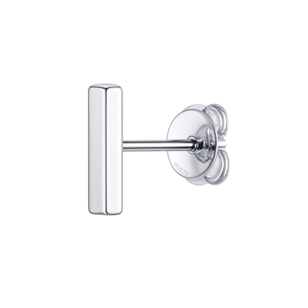 A single minimalist bar stud earring in polished sterling silver with a push-back closure, shown on a white background.