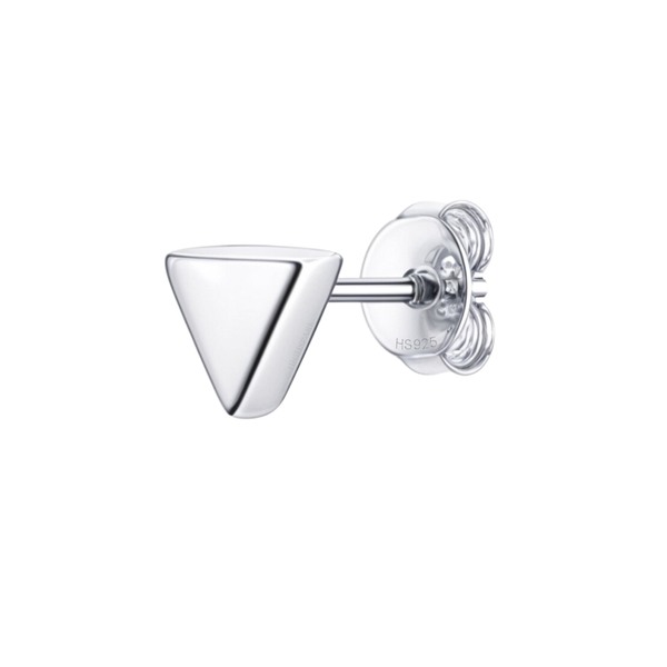 A single triangle-shaped stud earring in polished sterling silver with a push-back closure, shown on a white background.