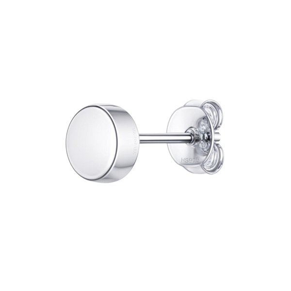 A single round stud earring with a flat, polished surface in sterling silver, shown with its butterfly push back on a white background.