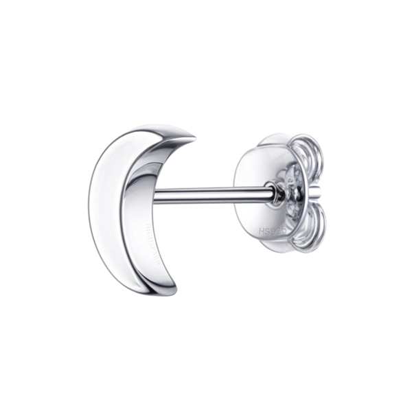 A single stud earring in a crescent moon shape, crafted from sterling silver with a push-back closure, on a white background.