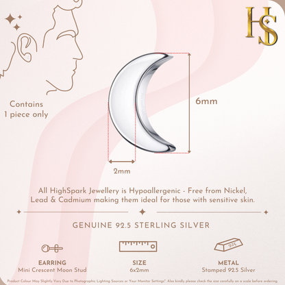 Mini Cresecent Moon Stud Earring in 925 Sterling Silver for Men