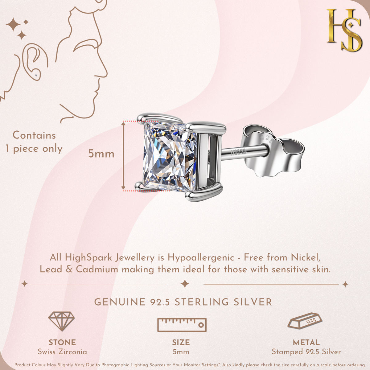 Square Solitaire Studs for Men in 925 Sterling Silver