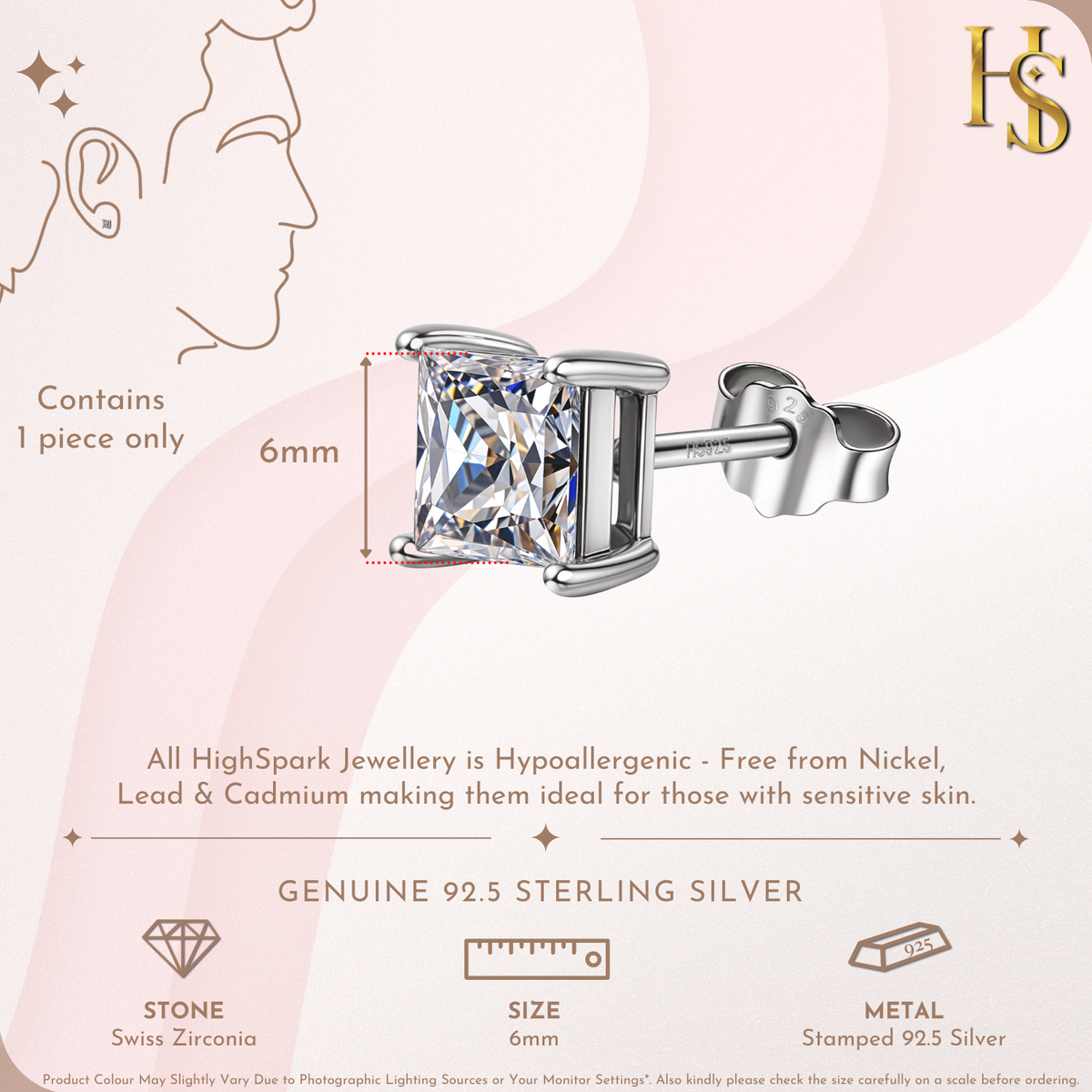 Square Solitaire Studs for Men in 925 Sterling Silver
