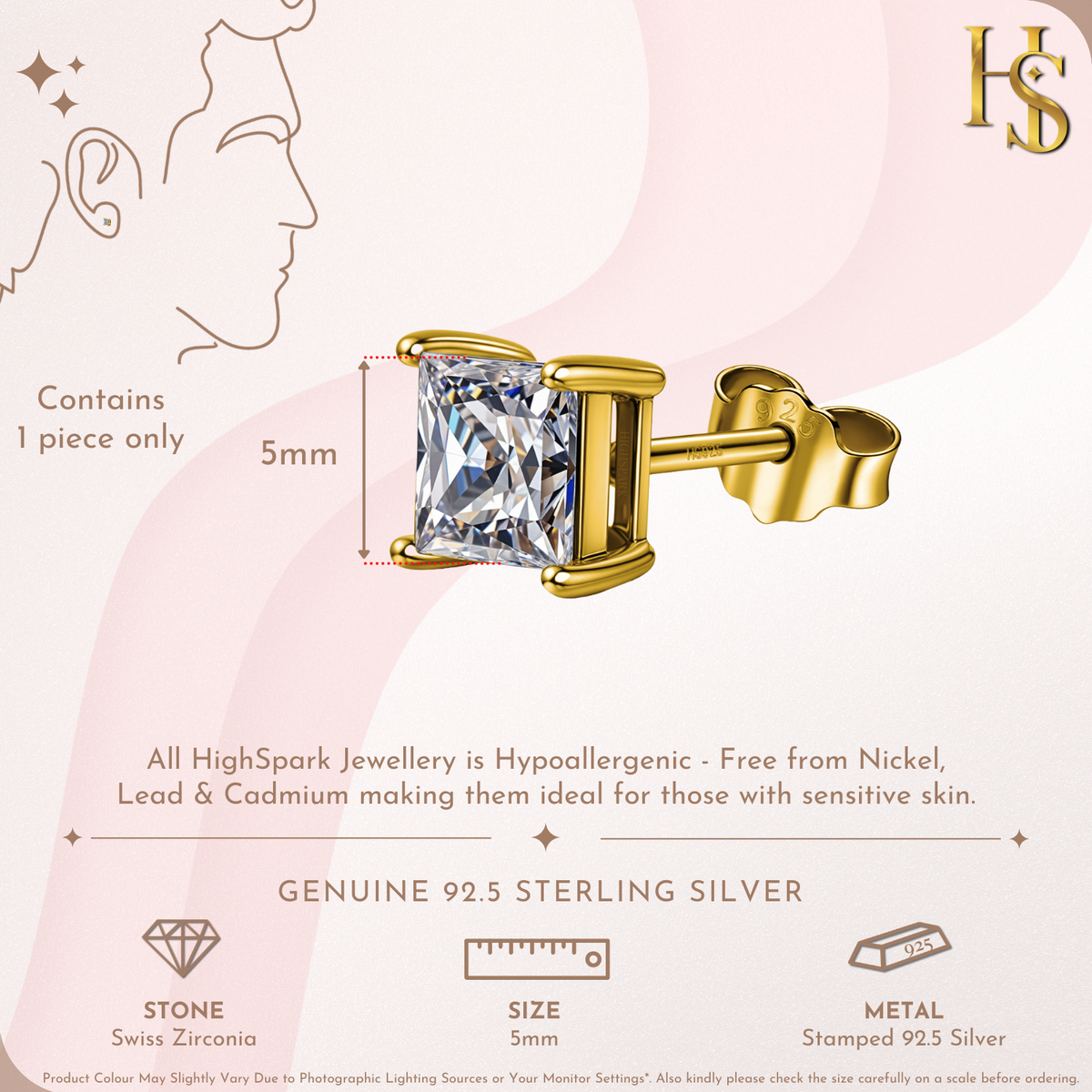 Gold-Plated Square Solitaire Stud Earrings for Men | 925 Silver