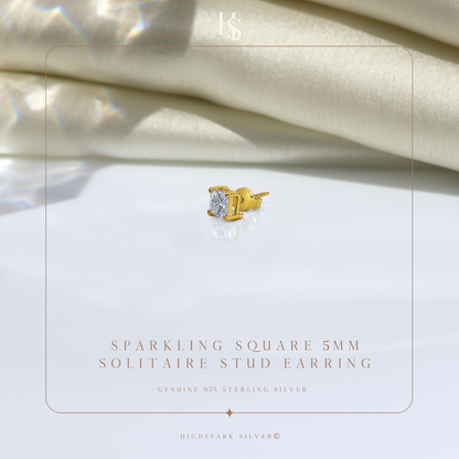 Gold-Plated Square Solitaire Stud Earrings for Men | 925 Silver