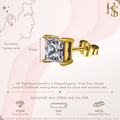 Gold-Plated Square Solitaire Stud Earrings for Men | 925 Silver