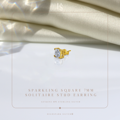 Gold-Plated Square Solitaire Stud Earrings for Men | 925 Silver
