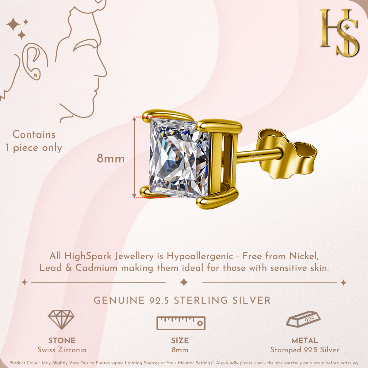 Gold-Plated Square Solitaire Stud Earrings for Men | 925 Silver