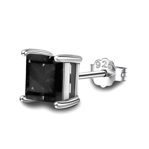 A single stud earring with a square-cut black stone in a four-prong sterling silver setting, shown with its butterfly back.