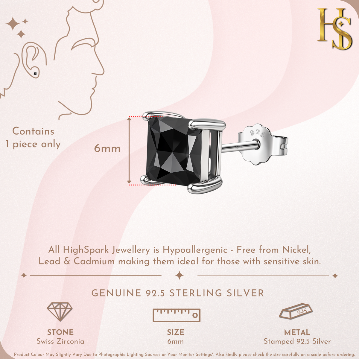 Men's Silver Martini Square Stud Earring in 925 Sterling Silver
