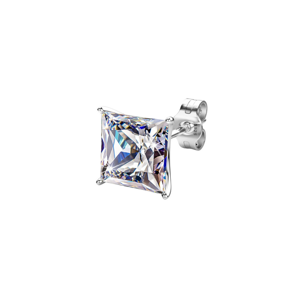 A single stud earring with a square-cut American diamond in a four-prong setting with a push-back, all in sterling silver.