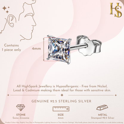 Square Solitaire Stud Earrings for Men in 925 Sterling Silver
