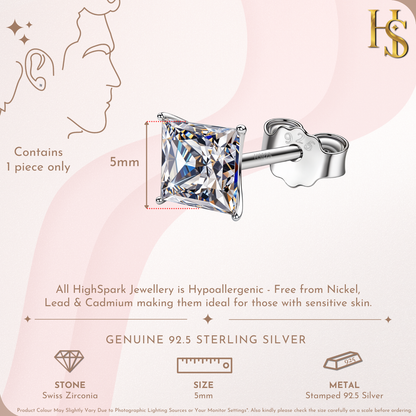 Square Solitaire Stud Earrings for Men in 925 Sterling Silver