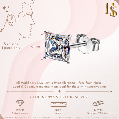 Sparkling Martini 6MM Square Solitaire Stud Earring in 295 Sterling Silver for Men
