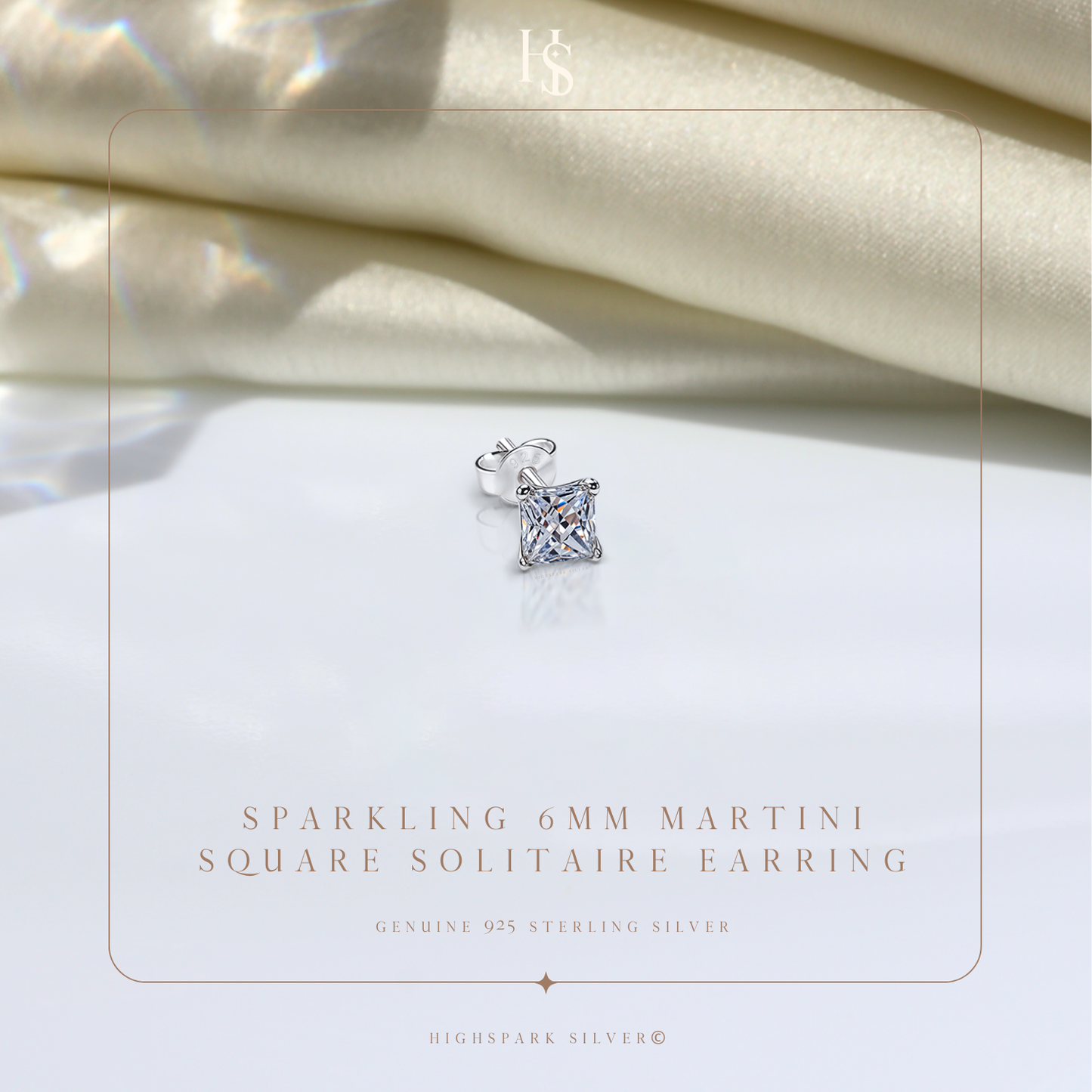 Sparkling Martini 6MM Square Solitaire Stud Earring in 295 Sterling Silver for Men