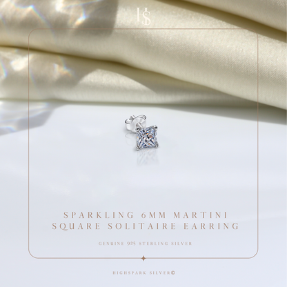 Sparkling Martini 6MM Square Solitaire Stud Earring in 295 Sterling Silver for Men