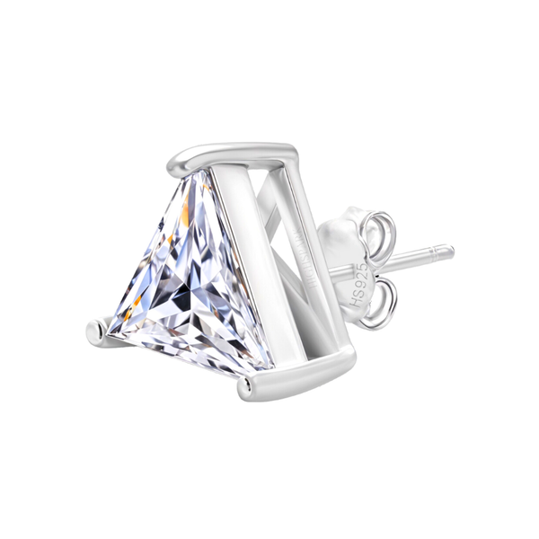 A single stud earring with a trillion-cut American diamond in a three-prong sterling silver setting with a push-back closure.