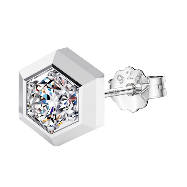 A single men's stud earring with a round American diamond in a hexagonal bezel setting, shown with its sterling silver push-back clasp.