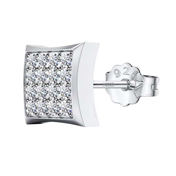 A single square stud earring with a grid of pavé-set American diamonds in sterling silver, shown with its push-back closure.