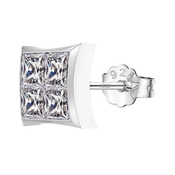 A men's stud earring with four princess-cut American diamonds in a curved square setting of sterling silver, shown with its push-back clasp.