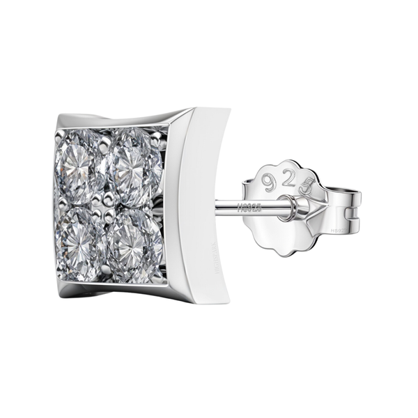 A single square stud earring with four round American diamonds in a matrix setting, made of sterling silver with a push-back closure.