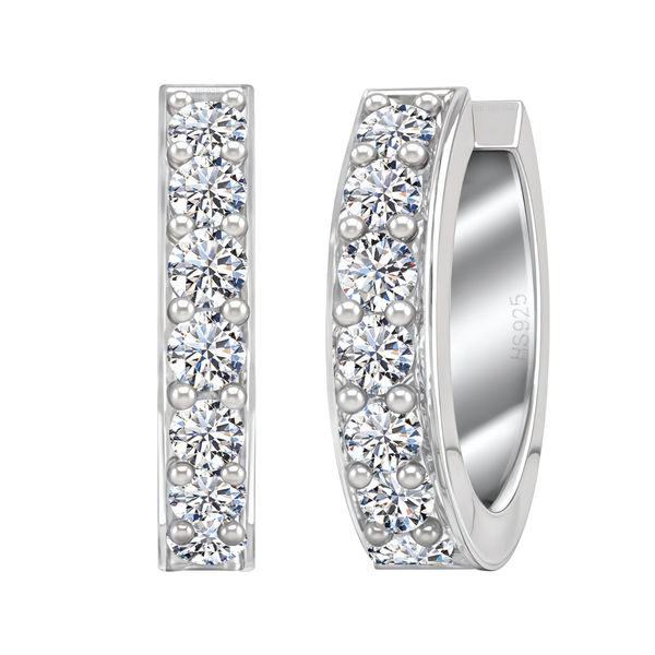 A pair of stellar silver hoop earrings with a single line of prong-set American diamonds in polished sterling silver.