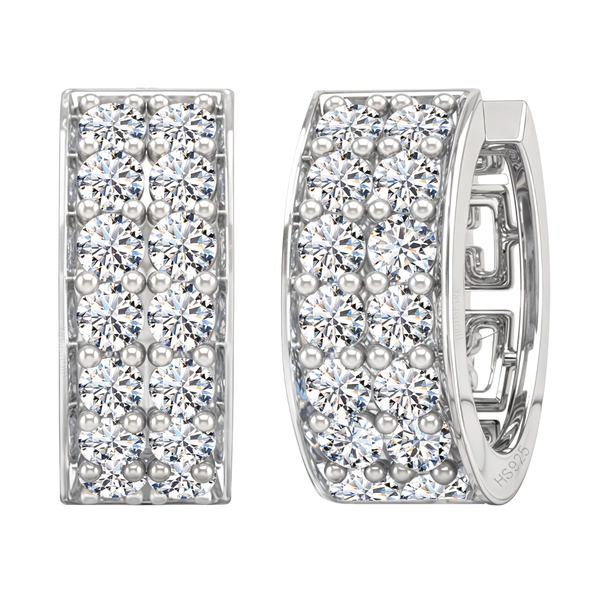 A pair of sterling silver love spark hoops featuring two rows of brilliant-cut American diamonds, shown against a white background.