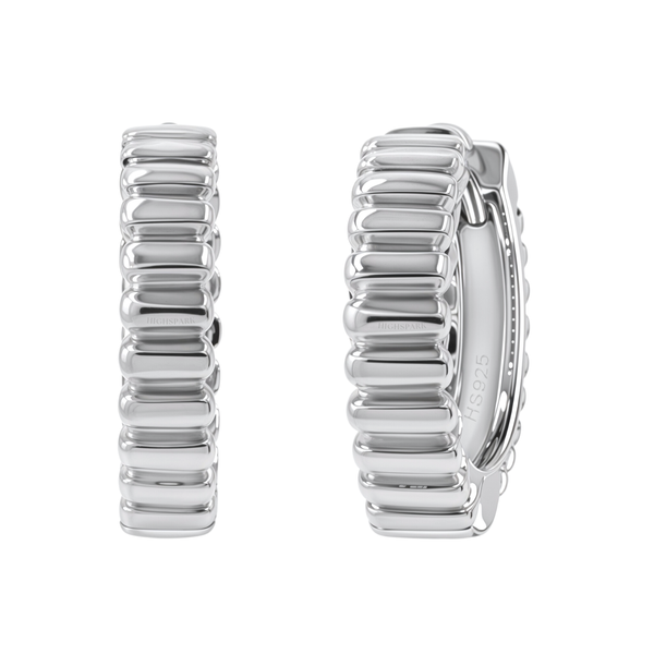 A pair of sterling silver huggie hoop earrings with a ribbed, segmented texture, shown on a plain white background.