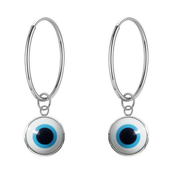 A pair of sterling silver dangle hoop earrings with a round, bezel-set white and blue evil eye charm on a white background.