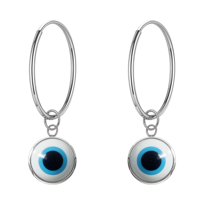 Classic White Evil Eye DAngle Hoops in 925 Sterling Silver For Women