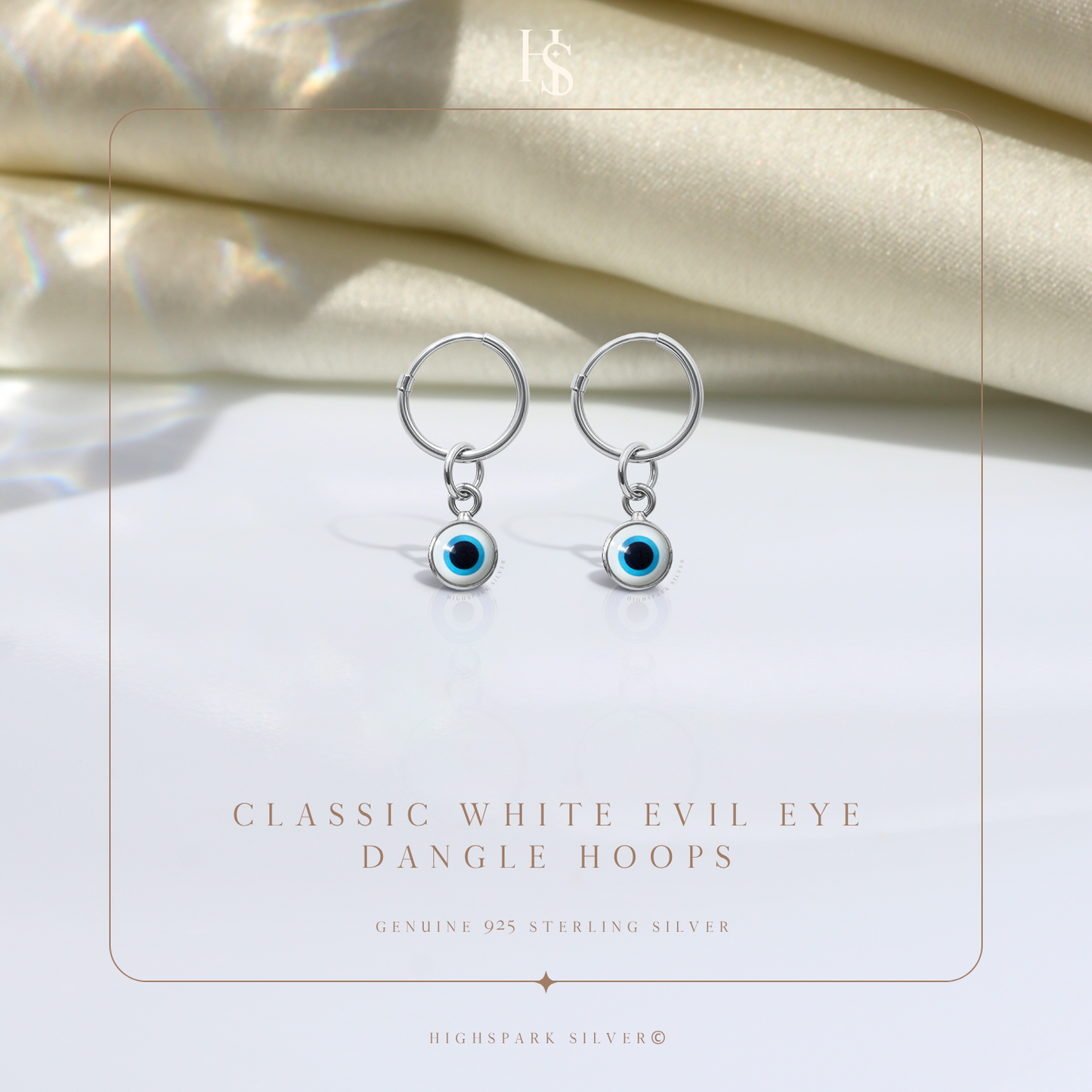Classic White Evil Eye DAngle Hoops in 925 Sterling Silver For Women