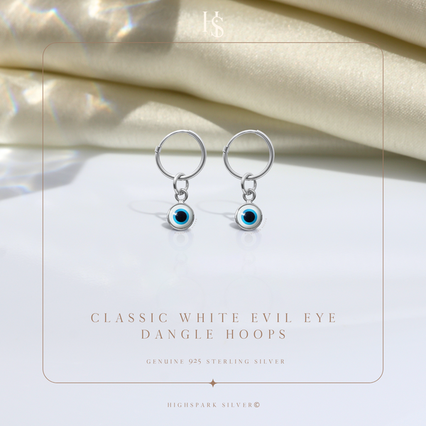 Classic White Evil Eye DAngle Hoops in 925 Sterling Silver For Women