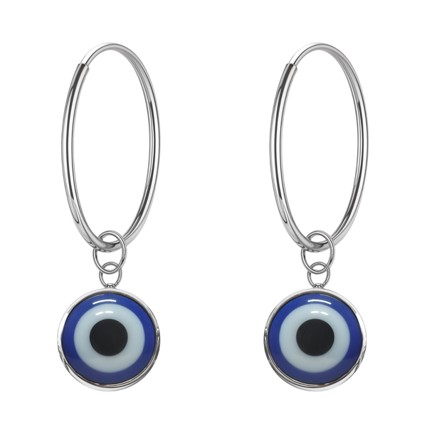 A pair of sterling silver dangle hoop earrings with a round, blue and white evil eye charm shown on a white background.
