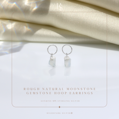 Natural Raw Gemstone Moonstone Rough Cut Hoop Earrings in 92.5 Sterling Silver